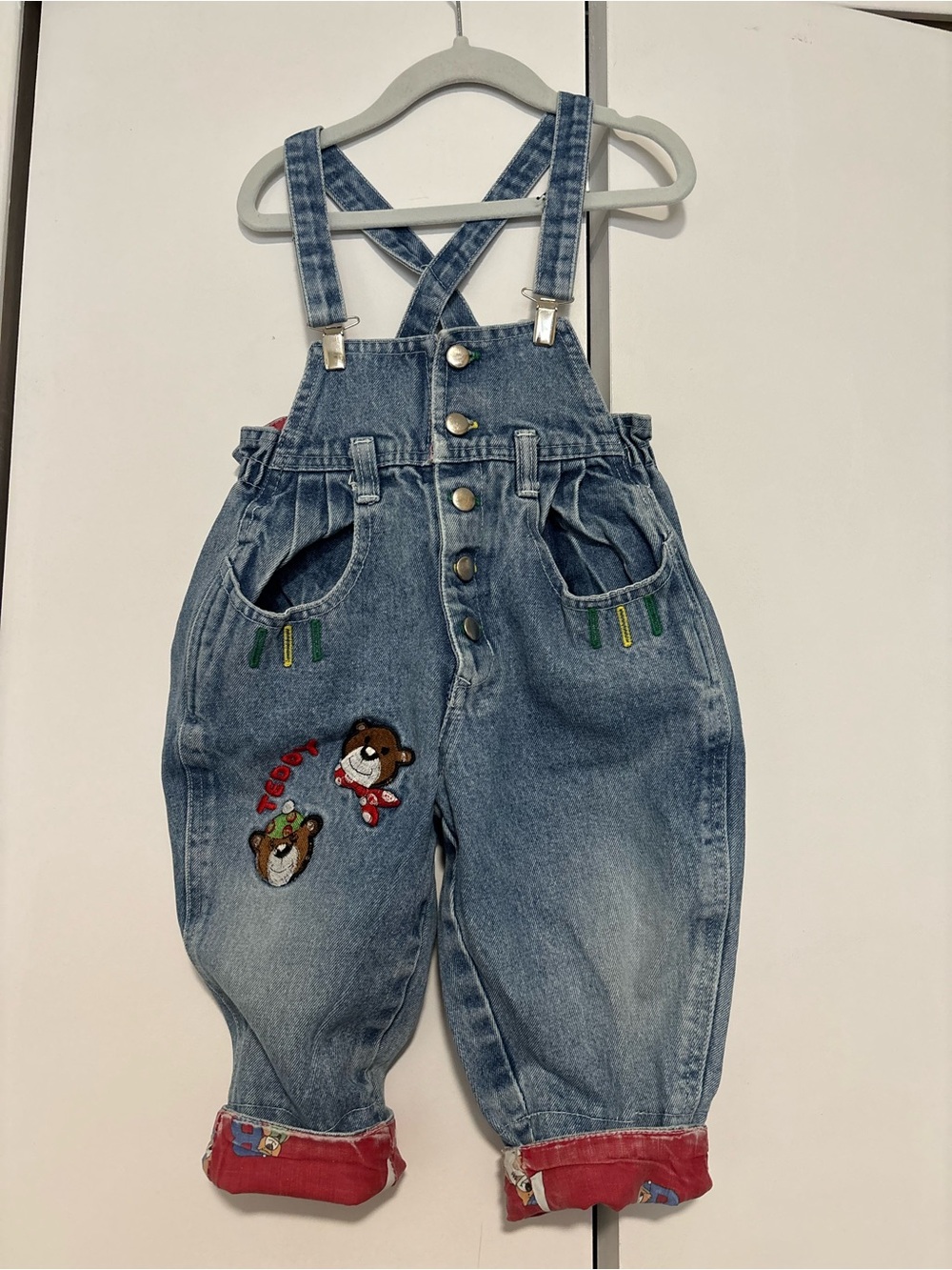 Vintage Denim Baby Overalls with Bear Embroidery - Blue